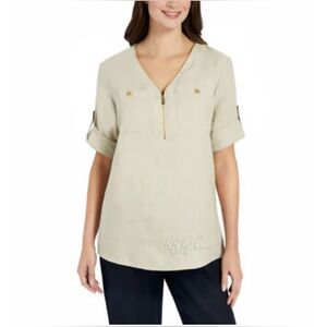 ELLEN TRACY Company  100% Linen Tab Short Sleeve Tunic 1/4 Zip Blouse Size M